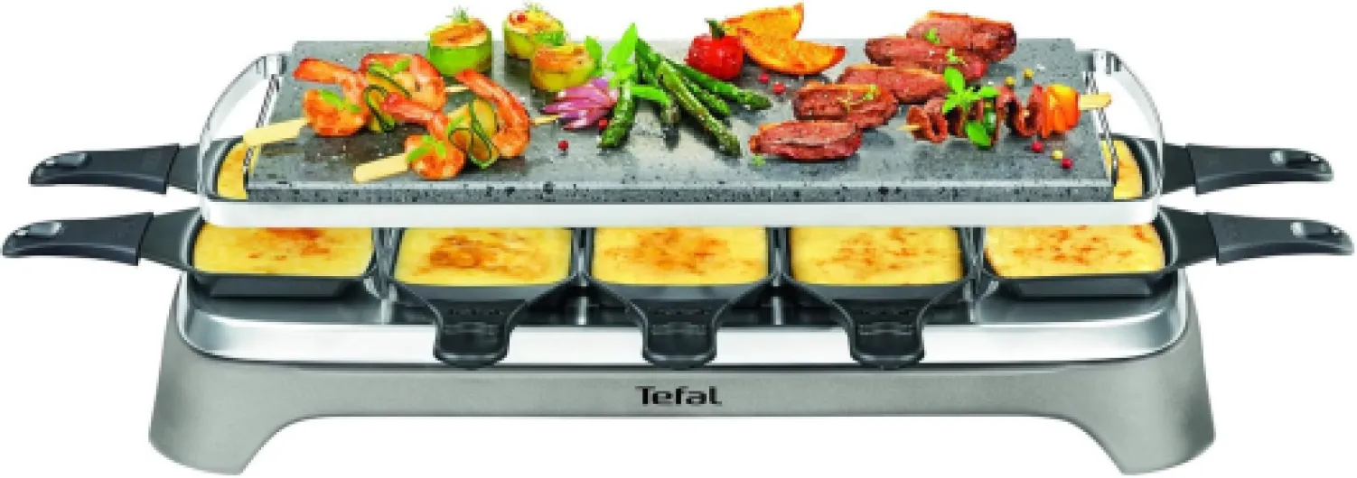 Appareil à raclette & Pierrade, Fonte parfaite du fromage, Jusqu'à 10 personnes, Pierre de lave naturelle, Rangement accessoires sous l'appareil, Inox&Design Raclette et Pierrade PR457B12 Unique Nouvelle génération