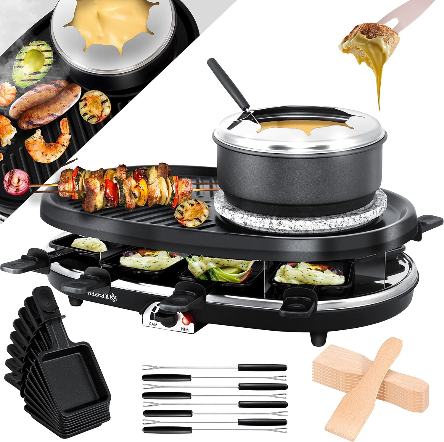KESSER® Appareil à Raclette 3 en 1 avec pierre de cuisson naturelle, plaque de gril et fondue, barbecue de table pour 8 convives, barbecue électrique raclette barbecue plaque antiadhésive, 8 poêlons inkl - Fondue