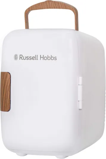 RH4CLR1001SCW Mini refroidisseur portable et chauffe-canettes pour boissons, cosmétiques, maquillage, soins de la peau, alimentation CA/CC, style Scandi, effet bois et blanc Scandi White
