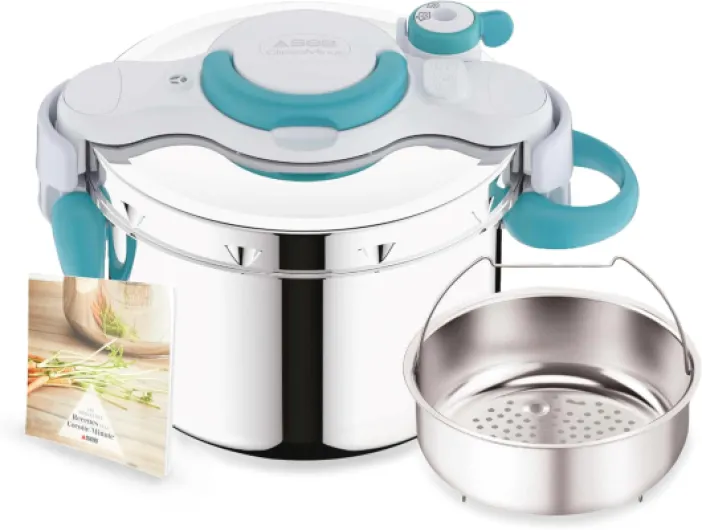 ClipsoMinut'Easy + bleu 6L poignées rabattables Cocotte-minute InductionLivre de 100 recettes Autocuiseur Inox Fabriqué en France Facile à utiliser P4900716 6 L