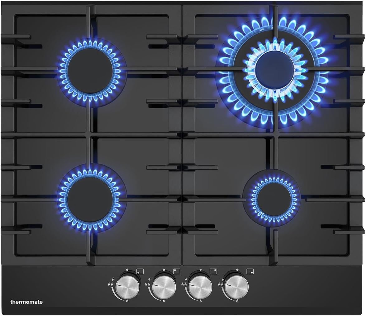 GHBG604 Plaque de Cuisson Gaz 4 Feuxs, Table de Cuisson gaz Encastrable 60cm avec brûleurs wok, Gaz Naturel/Propane, Verre Noir, 8000W Noir 4 feux