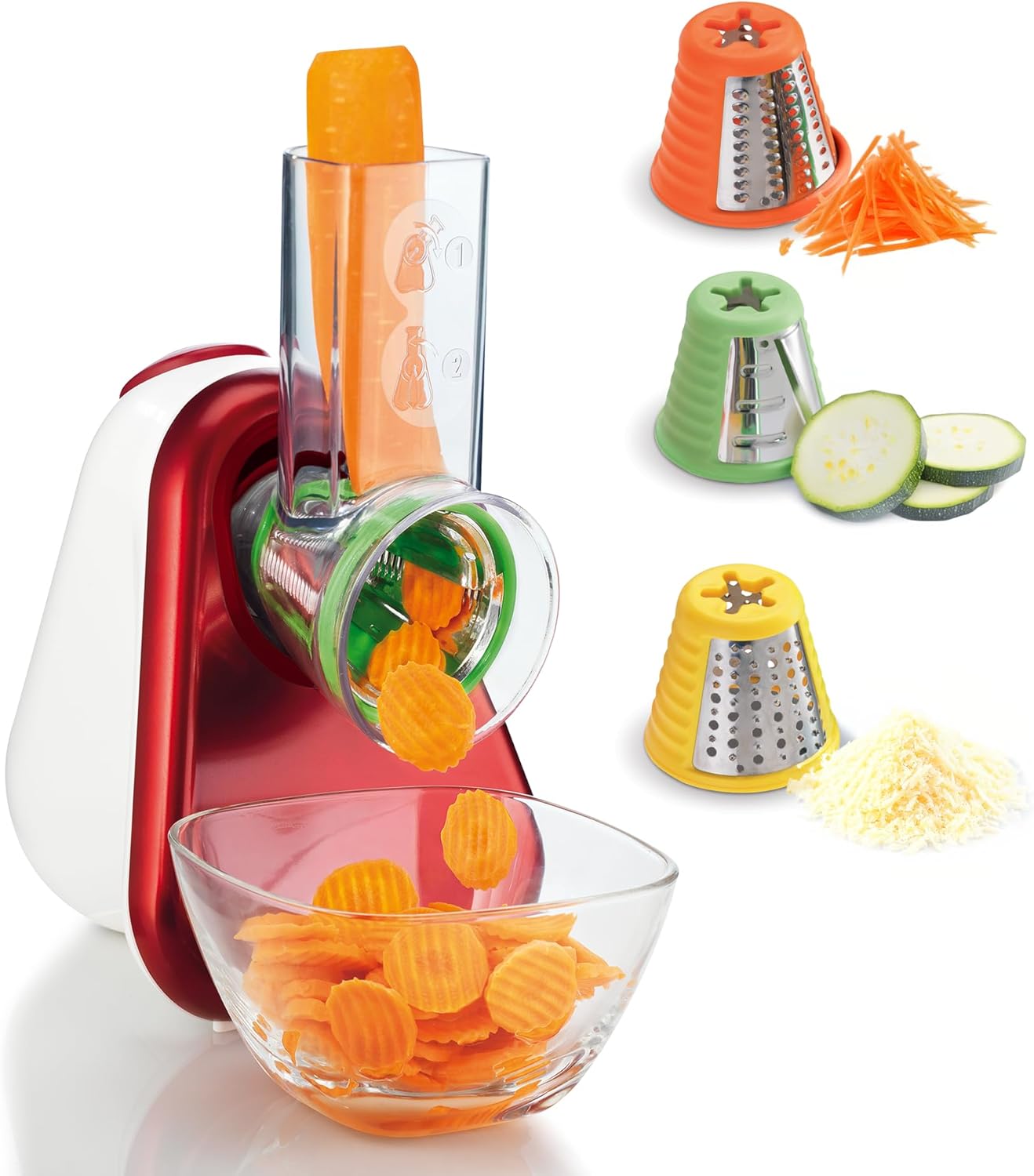 Découpe-légumes électrique, Râpe 3-en-1, Système de cônes de couleur facile, Large goulotte, Pièces amovibles compatibles lave-vaisselle, Fresh Express rouge DJ753510 3 cônes