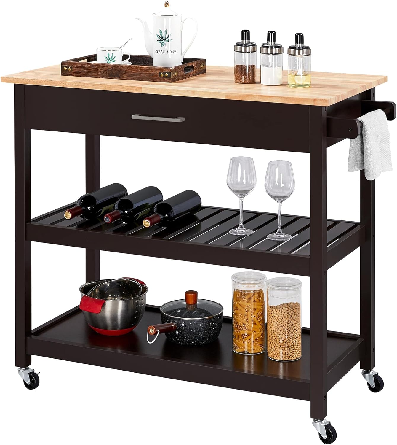 Plan de Travail Desserte sur roulettes Meuble de Cuisine 101 x 51 x 92 cm 2 Roues avec Frein 1 Tiroir 2 Étagères Espresso