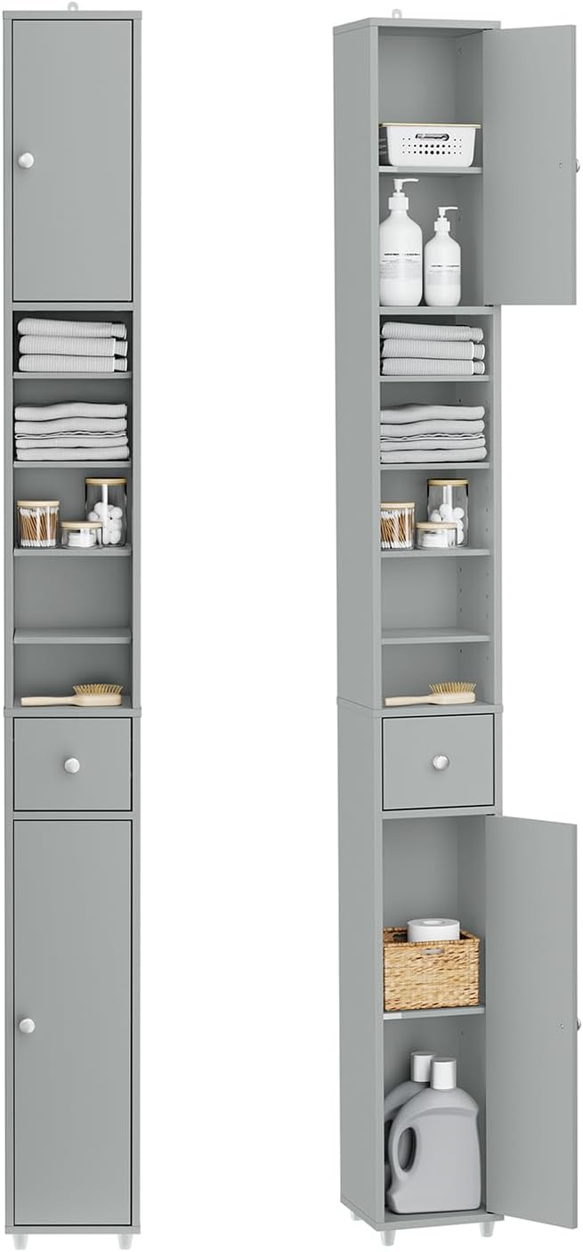 Meuble Colonne Salle de Bain 20 cm - Armoire de Rangement Étroite avec Tiroir et Étagères Réglables - Meuble Salle de Bain Compact pour WC, Petits Espaces Gris MDF, 20x20x180cm, BZR34-II-HG