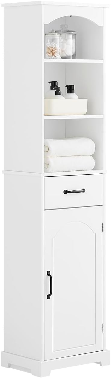 Meuble Salle de Bain Haute 42 cm Large, Colonne de Rangement avec Tiroir et Étagères Réglables, Armoire Salle de Bain en Bois, Résistante à l’Humidité, Blanc 173 cm, BZR206-W Meuble haut