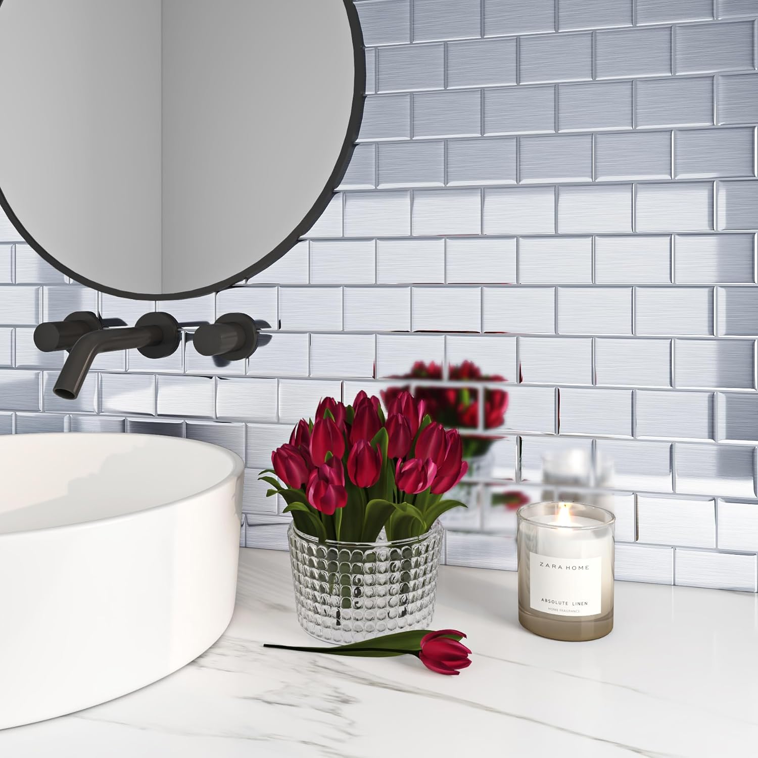 Credence Adhesive pour Cuisine Effet Inox Argent Carrelage Adhesif Mural Cuisine Effet Metal Brossé 30x30CM Imperméable Dalle PVC Adhesive Murale Salle de Bain Metro Dalle 3D, 4 Pièces Argent / Couleur Métal 4 Pièces