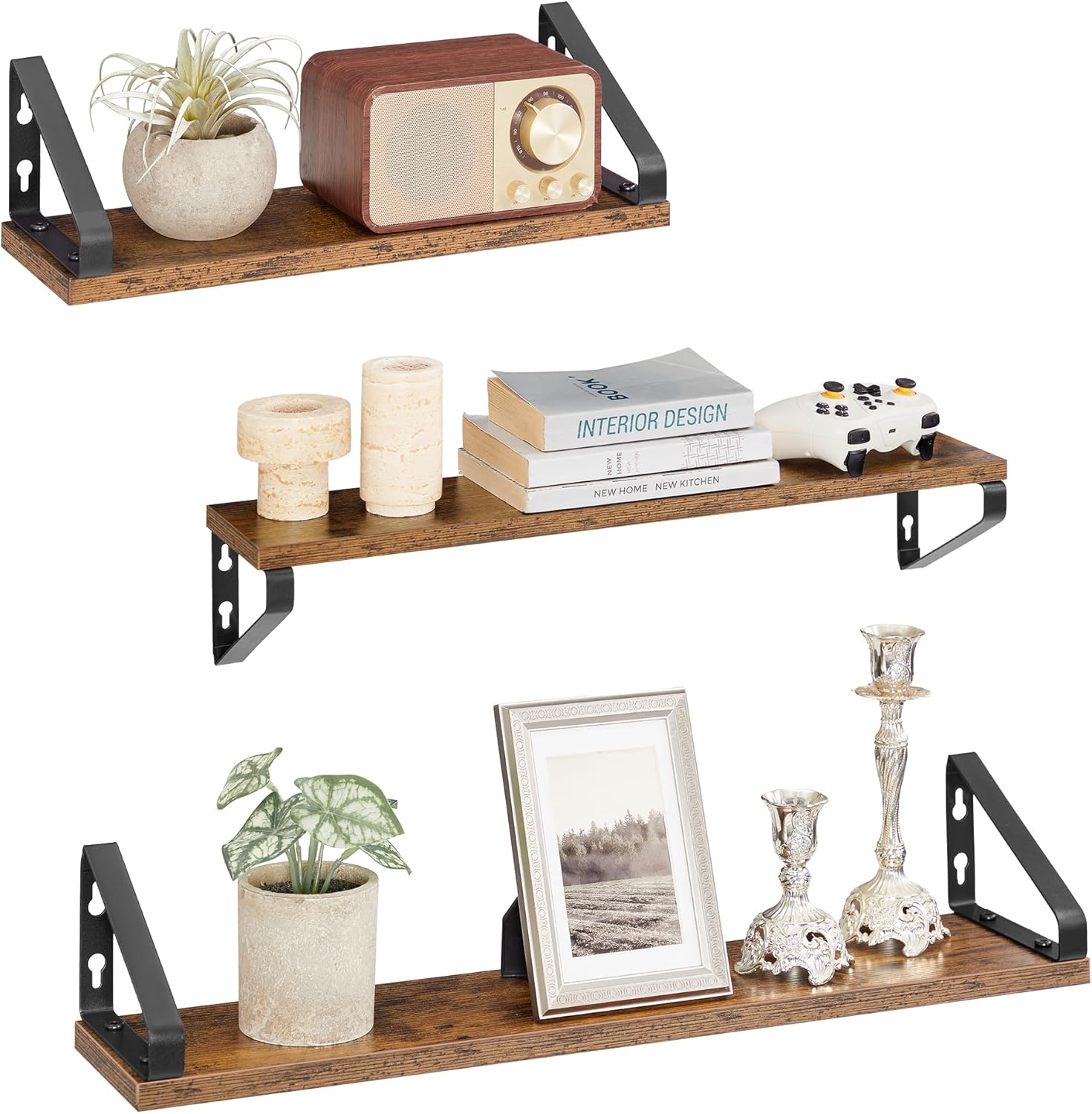 Étagère Murale, Tablette Flottante, Lot de 3, 2 Façons de Montage, Étagère de Rangement Suspendue, pour Salon, Cuisine, Bureau, Salle de Bain, Marron Rustique et Noir Mat LWS043K01 3 pièces (40L cm, 50L cm, 60L cm) Marron Rustique + Noir Mat