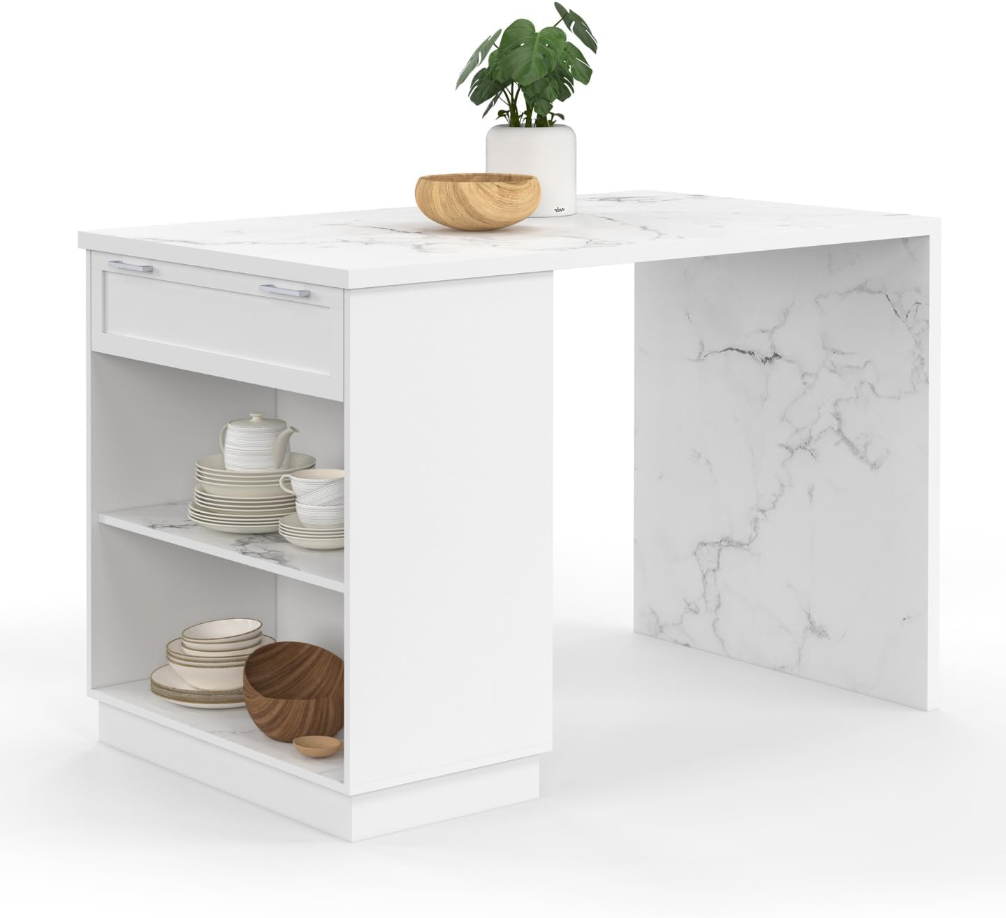 Ilot Central Mange-Debout 4 Personnes VITO 130 cm Blanc et Plateau marbre Alaska