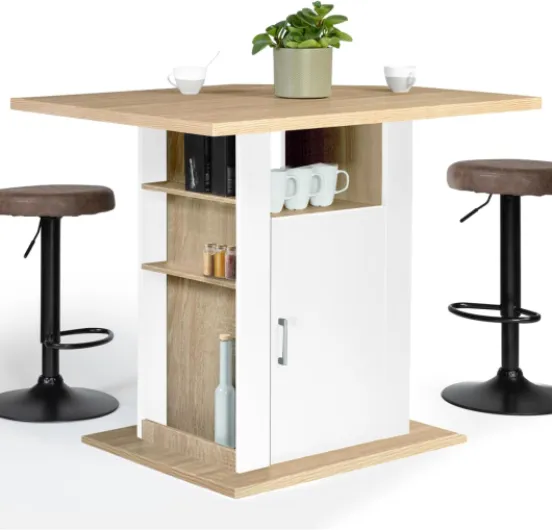 Ilot central UGO 110 cm bois blanc et imitation hêtre avec rangements