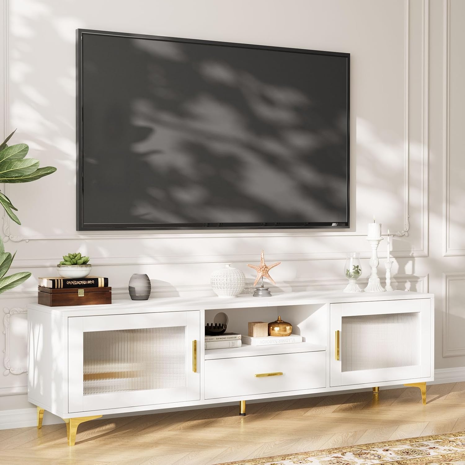 Meuble TV, TV Bas jusqu'à 65", Meuble TV avec Rangement Ouvert, Table TV avec Tiroirs, Convient pour Salon et Chambre, 150 x 35 x 43 cm, Blanc