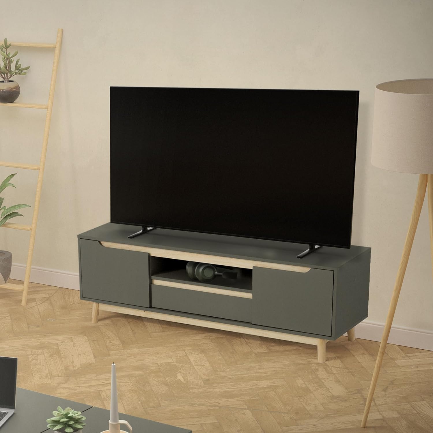 ML-Design Armoire TV Vert-Naturel, Meuble TV avec 2 Portes, Tiroir, Etagère, Pieds en Bois de Pin, Étagère TV Lowboard 140x40x46 cm, Buffet TV jusqu'à 65 Pouces, Table Bas, Meuble TV de Salon Chambre 140 cm
