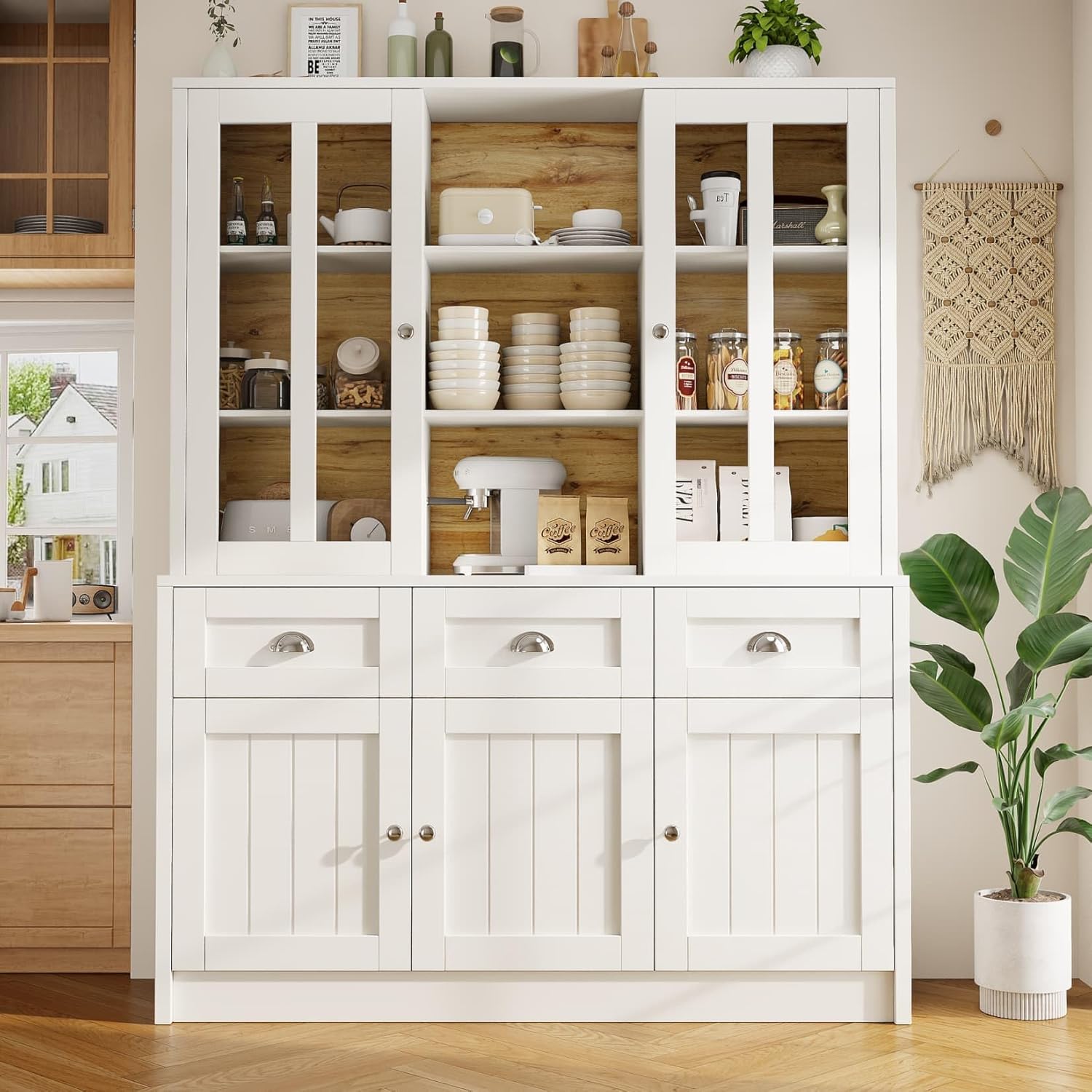 PUGSDRLY Buffet de Cuisine,Vitrine,Meuble de Rangement,5 Portes et 3 Tiroirs,Minimaliste Moderne,Buffet Haut pour Cuisine,Salon et Salles à Manger (140x38.5x175cm-Blanc)