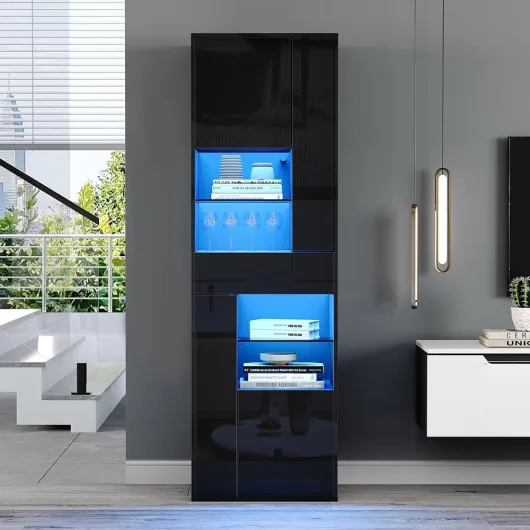 Vitrine Sideboard 55 × 38 × 170 cm Meuble Haut Comprenant Un tiroir et Quatre placards, avec éclairage LED (Black) Noir