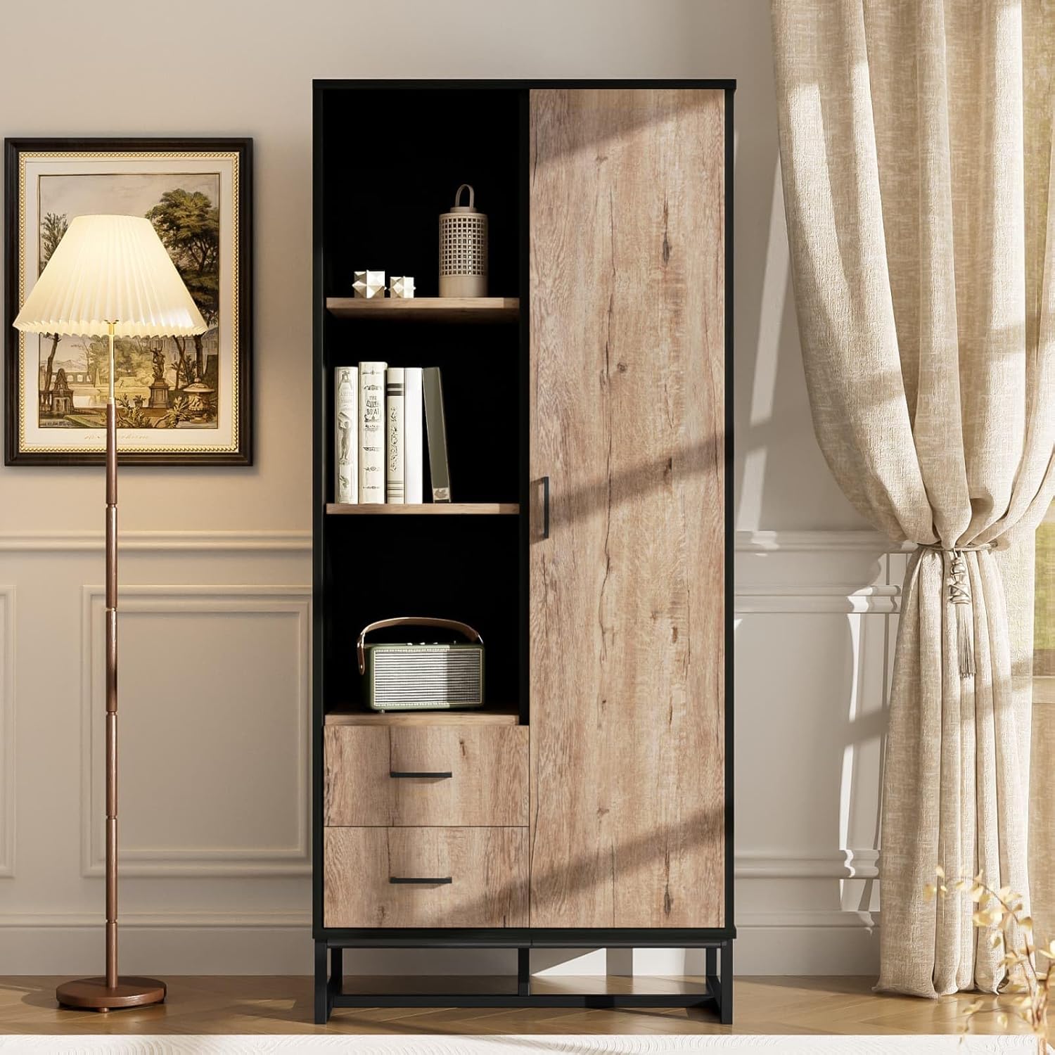 PUGSDRLY Buffet Haut Salon,1 Porte,2 tiroirs et 3 Compartiments Ouverts,Bibliotheque,Vitrine,Moderne Meubles de Rangement pour Salon,Bureau et Colonnade,80x40x180cm (Style-C)