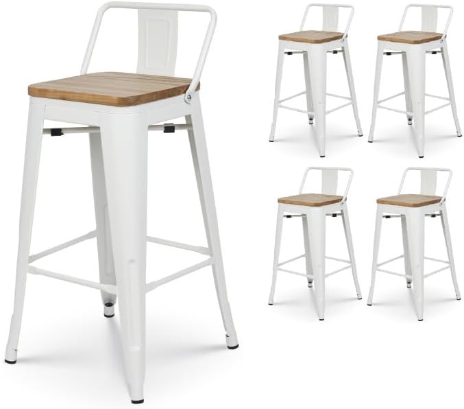 Lot de 4 tabourets en métal Blanc Mat Style Industriel avec Dossier et Assise en Bois Clair - Hauteur 66cm