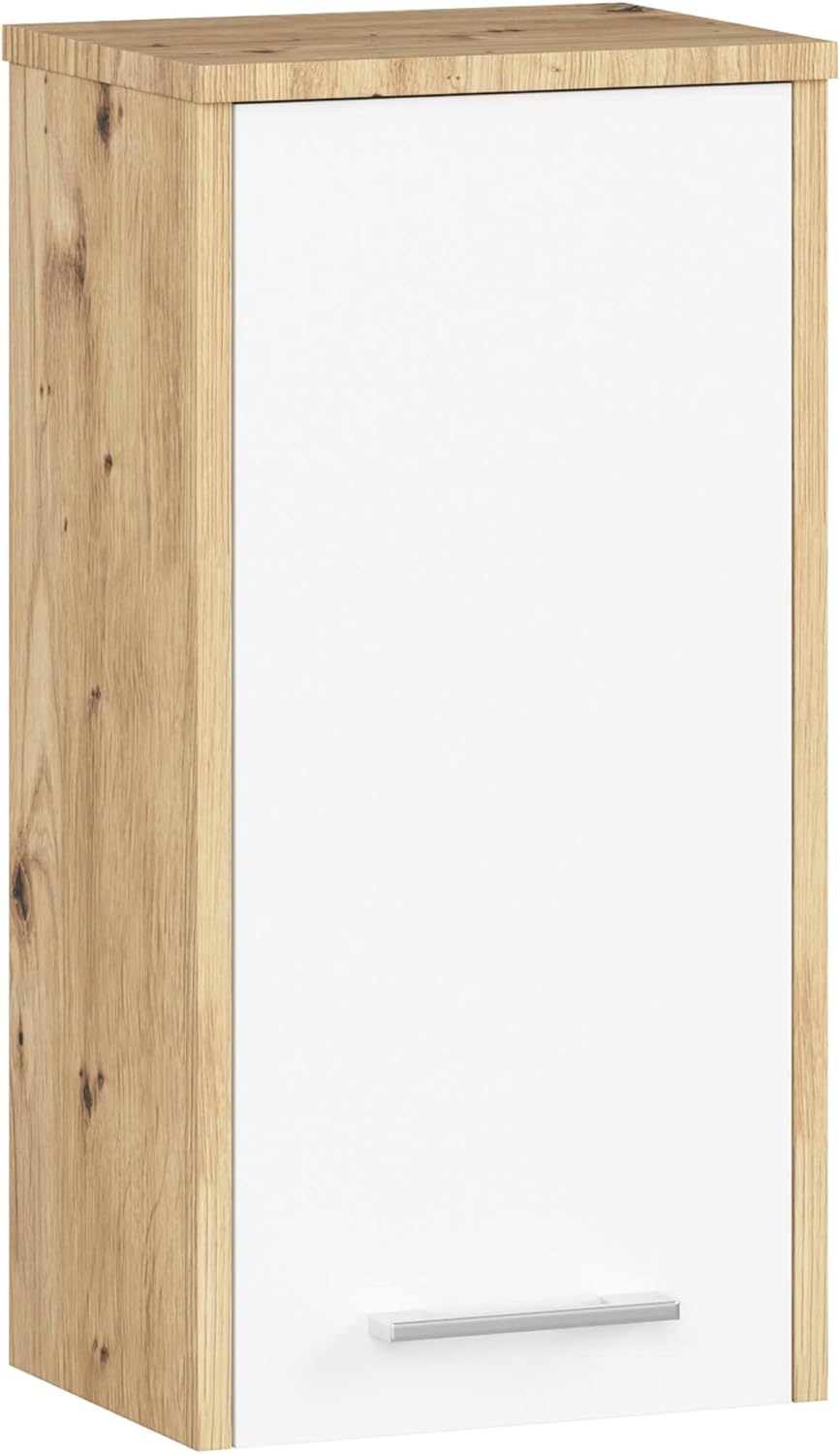 Meuble Haut WC Suspendu - Fin L30 - 1 Porte - Etagere Murale - Commode Salle de Bain - Armoire - Rangement - L30 x H60 x P22,5 cm - Poids 15 kg - Chêne Artisanal & Blanc Façade