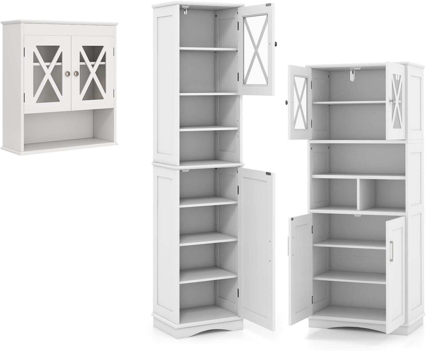 Ensemble de Meubles de Salle de Bain, Meuble de Rangement Blanc pour Salle de Bain, Armoire Haute avec Étagères et Portes à Motif X, Style Moderne, 3 Pièces