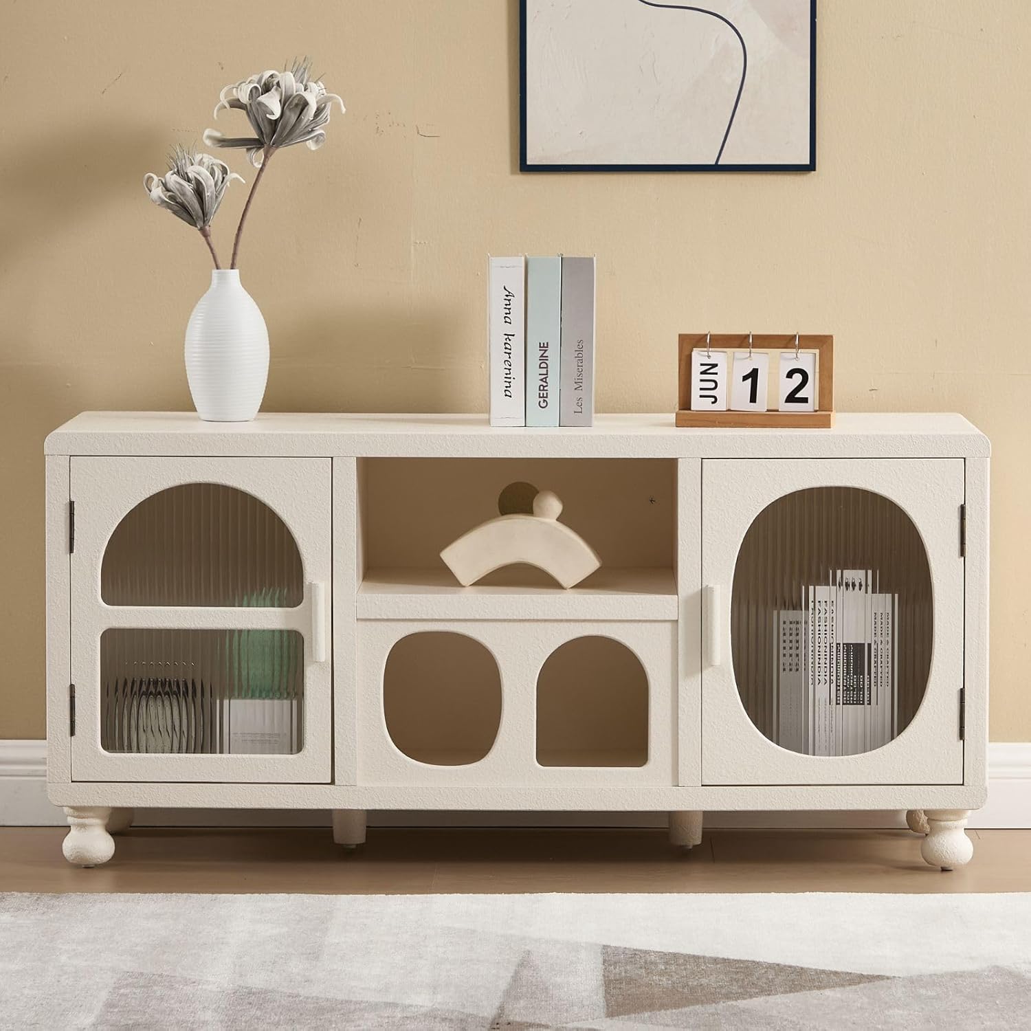 Meuble de Rangement avec 4 Compartiments, Buffet Bas avec 2 Portes en Verre, Commode Blanche avec Pieds en Bois pour Salon,Chanbre, Blanc Blanc 120 37 x 120 x 56 cm