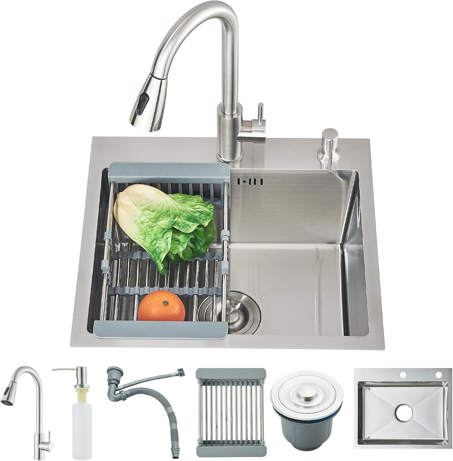 HARNART Kit Evier Cuisine 50 x 45 CM,Acier Inoxydable Lavabo Multifonction Cuisine Brossée avec Robinet Amovible et Distributeur de Savon 1 Bac 26 x 22 CM