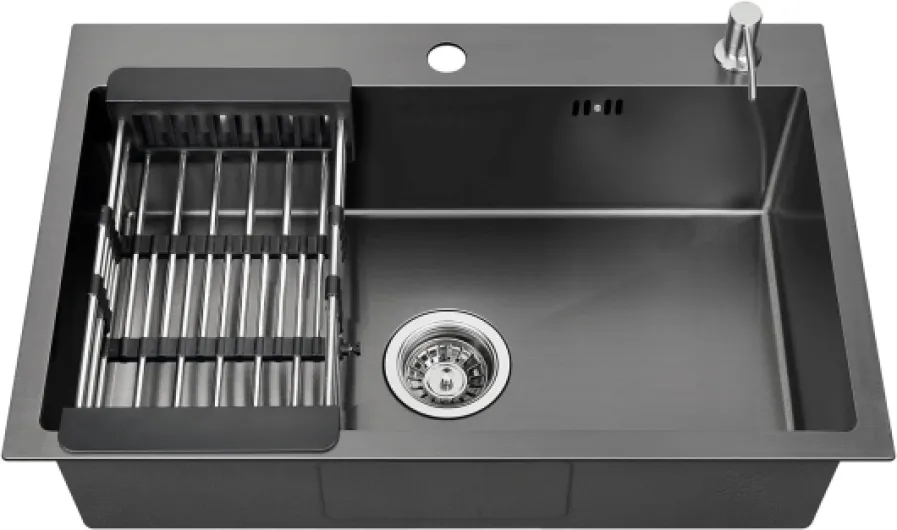 Evier Cuisine 1 Bac 68 x 45 CM, Evier Inox Grand Bac avec Egouttoir pour Meubles Bas de 80 cm, Lavabo Cuisine Noir avec Trous pour Robinets et Distributeur de Savon 68 x 45 cm Anthracite