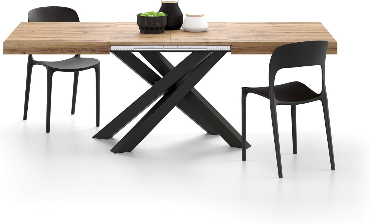 , Table Extensible Emma 140(220) x90 cm, Bois Rustique avec Pieds Croisés Noirs, pour 6-10 Personnes, Table Extensible pour Cuisine, Salon, Made in Italy 55.1 x 35.4 x 29.7 in Chêne Rustique