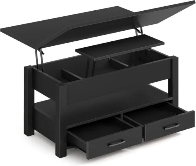 Table Basse Relevable et Extensible en Bois – avec Tiroir, Rangement Caché et Compartiment Ouvert – Convertible en Table à Manger – Idéale pour Petits Espaces – Noir
