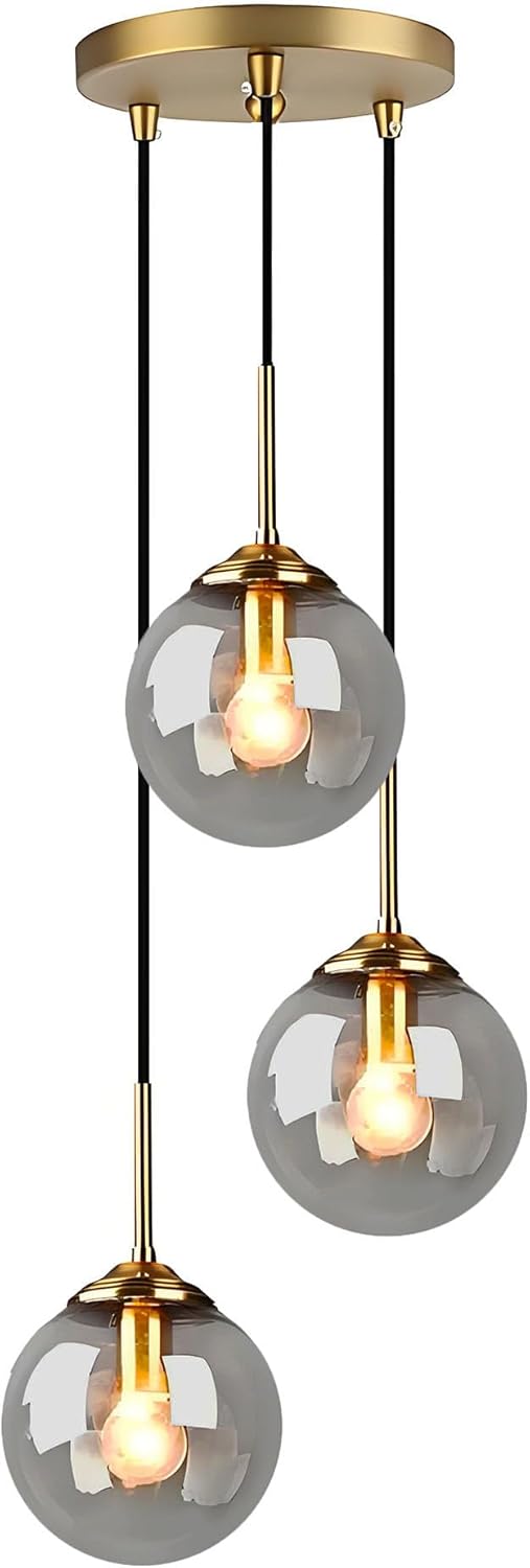 Verre Suspension Luminaire Vintage Industrielle, Plafonnier avec fini en laiton poli Lustre Suspension Lampe de Salle à Manger Cuisine Salon Chambre (Gris, Ensemble 3 en 1) Gris Ensemble 3 en 1