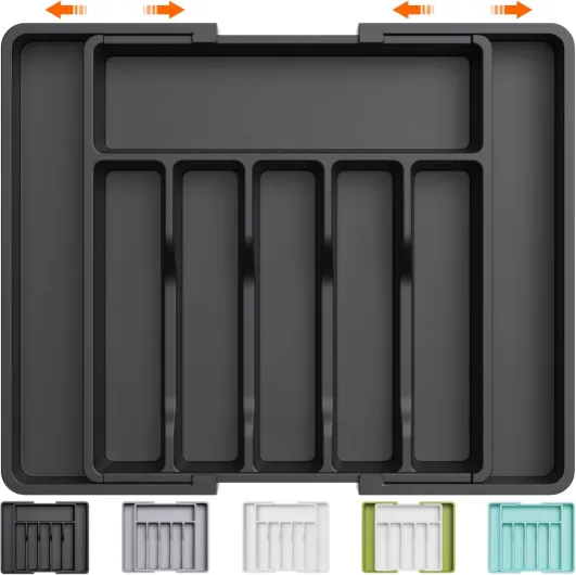 Range Couverts, Plateau d'Ustensiles Extensible pour Tiroir, Organisateur de Tiroir Réglable pour la Cuisine, Rangement Compact en Plastique pour contenir des Cuillères, Fourchettes, Noir Noir 1