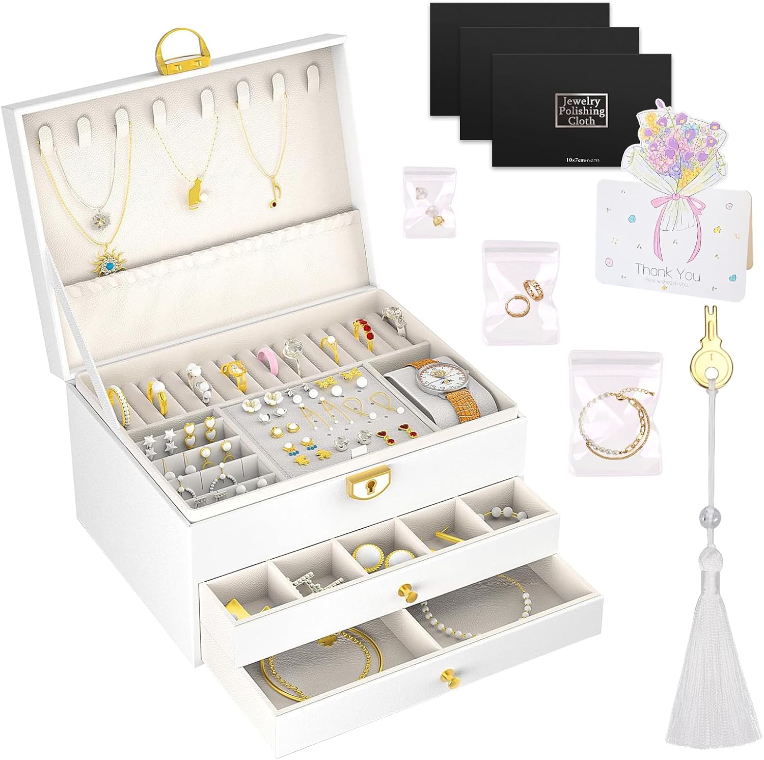 TOSUTO Boîte à bijoux,Rangement Bijoux avec 2 tiroirs et 3 niveaux,en Cuir Imperméable,pour ranger colliers,boucles d'oreilles,bracelets.Inclus 3 chiffons argentés,1 frange et 15 sacs à bijoux