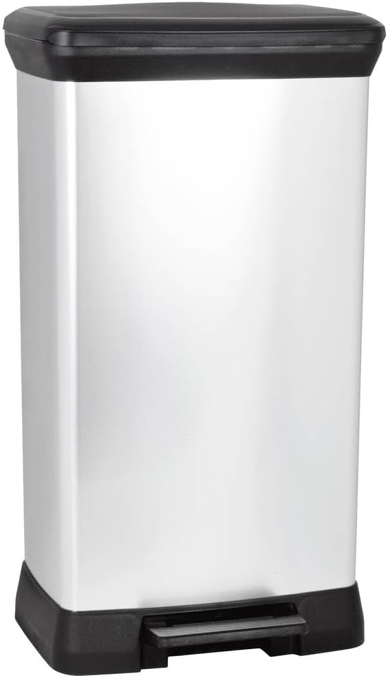 Decobin - Poubelle rectangulaire à pédale, 50L - Fermeture Douce - Aspect Métal - Pour Cuisine, Bureau, Salle de Bain - 39 x 29 x 72 cm - Gris - Recyclé, Packaging renforcé Gris métallisé Poubelle à pédale Unique