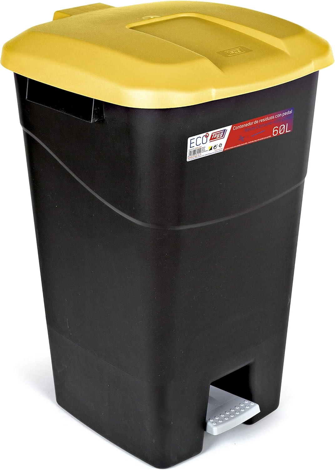 Poubelle de 60 litres avec pédale, base noire et couvercle jaune, plastique Base noire Couvercle Jaune
