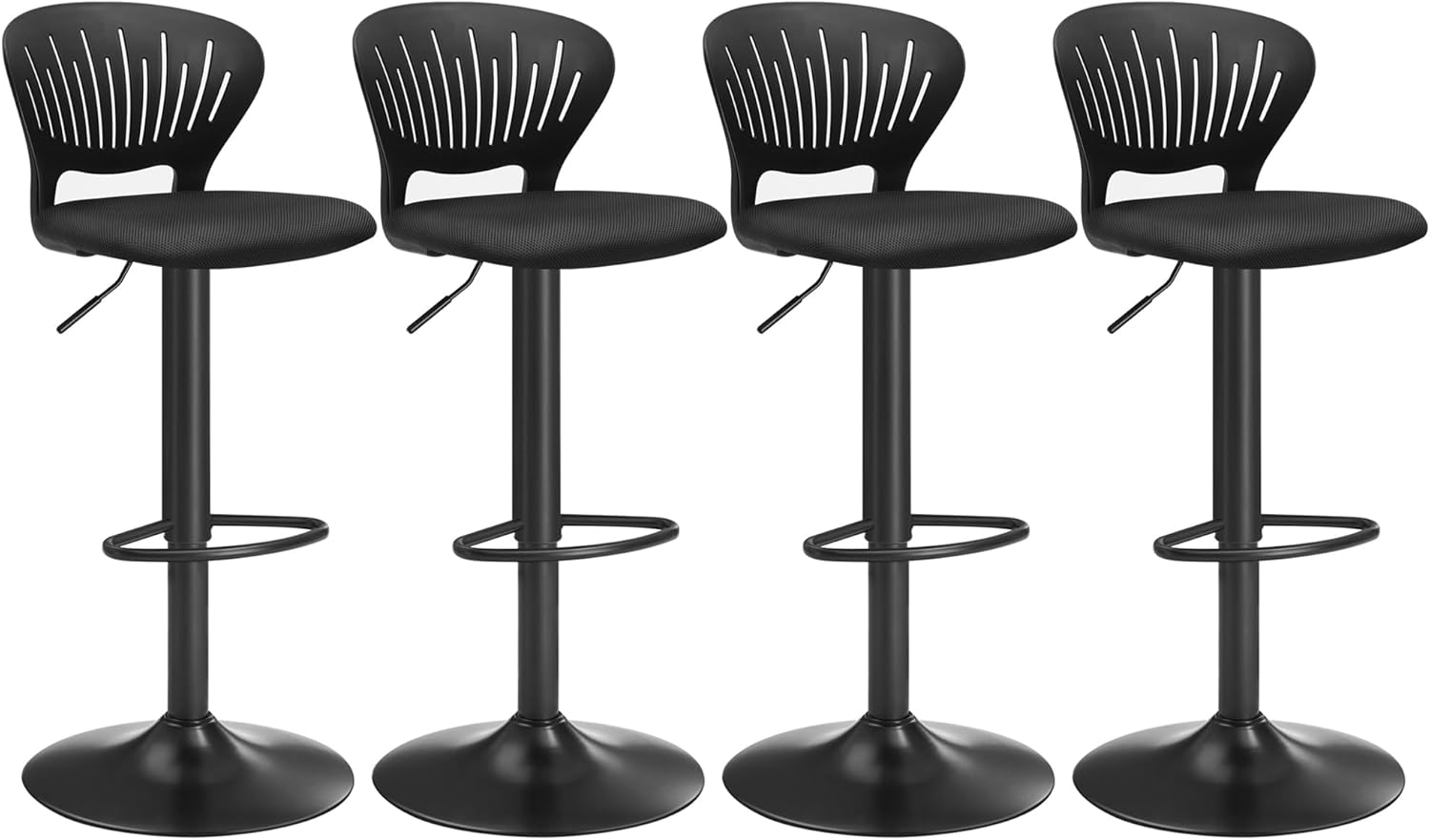 Tabouret Bar, Lot de 4, Chaise Bar, Chaise Haute Cuisine, Siège, Réglable en Hauteur, avec Dossier Incurvé, Assise Rembourrée, Repose-Pieds, Toile Respirant, Pivotant à 360°, Noir LJB04BK-4