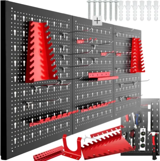 ® Système de rangement Panneau Mural Perforé Porte outils mural Lot de 3 Panneaux 120 x 2 x 60 cm 25 pcs Crochet & Supports, Extensible Outillage & visserie