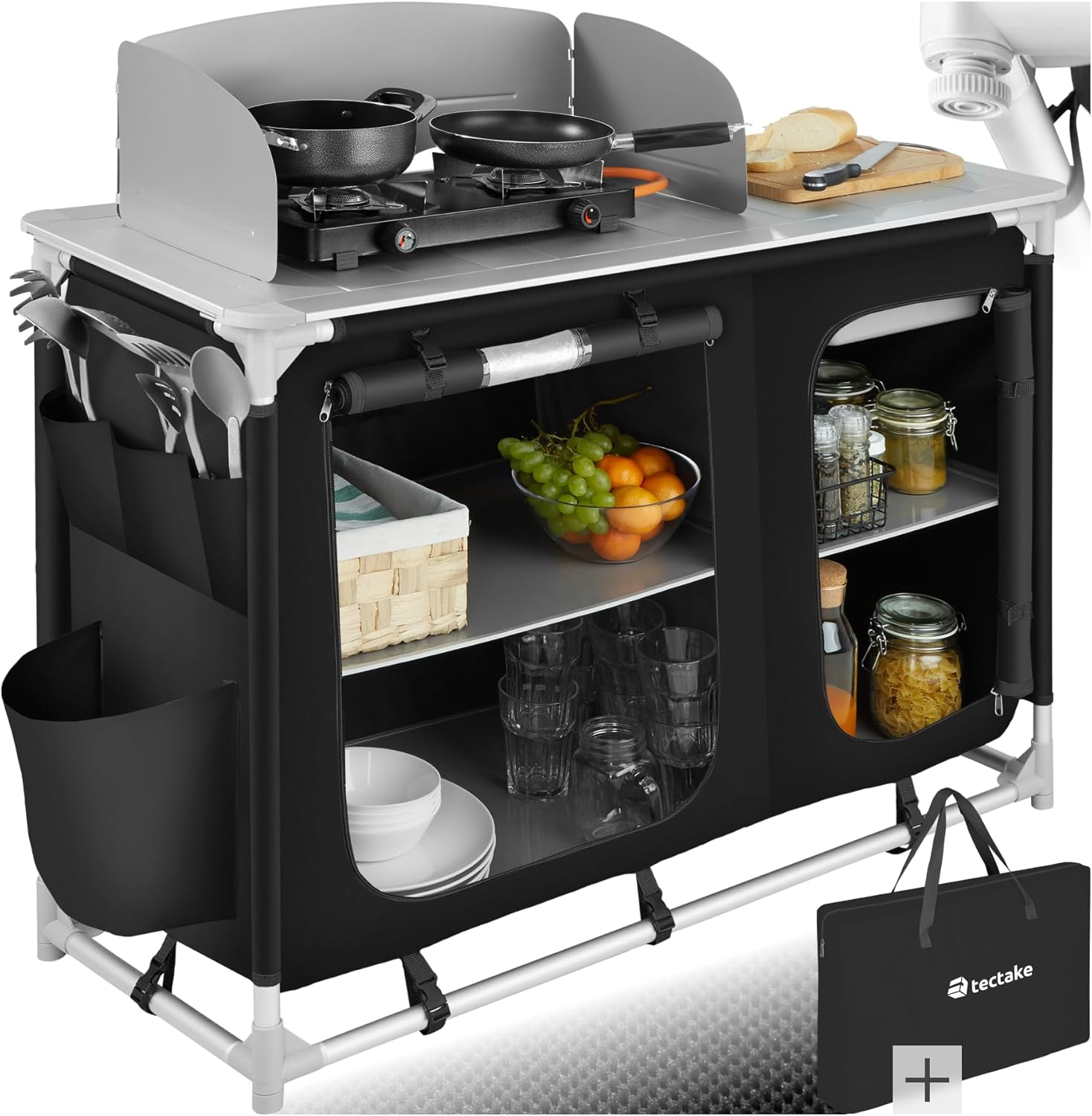 ® Meuble de Rangement Cuisine de Camping Pliable en Aluminium, avec Étagères, Plan de Travail, Pieds réglables, Sac de Transport Inclus, Stockage pour Vaisselle, Accessoires Cuisine, Aliments Type 2 - No - 403345