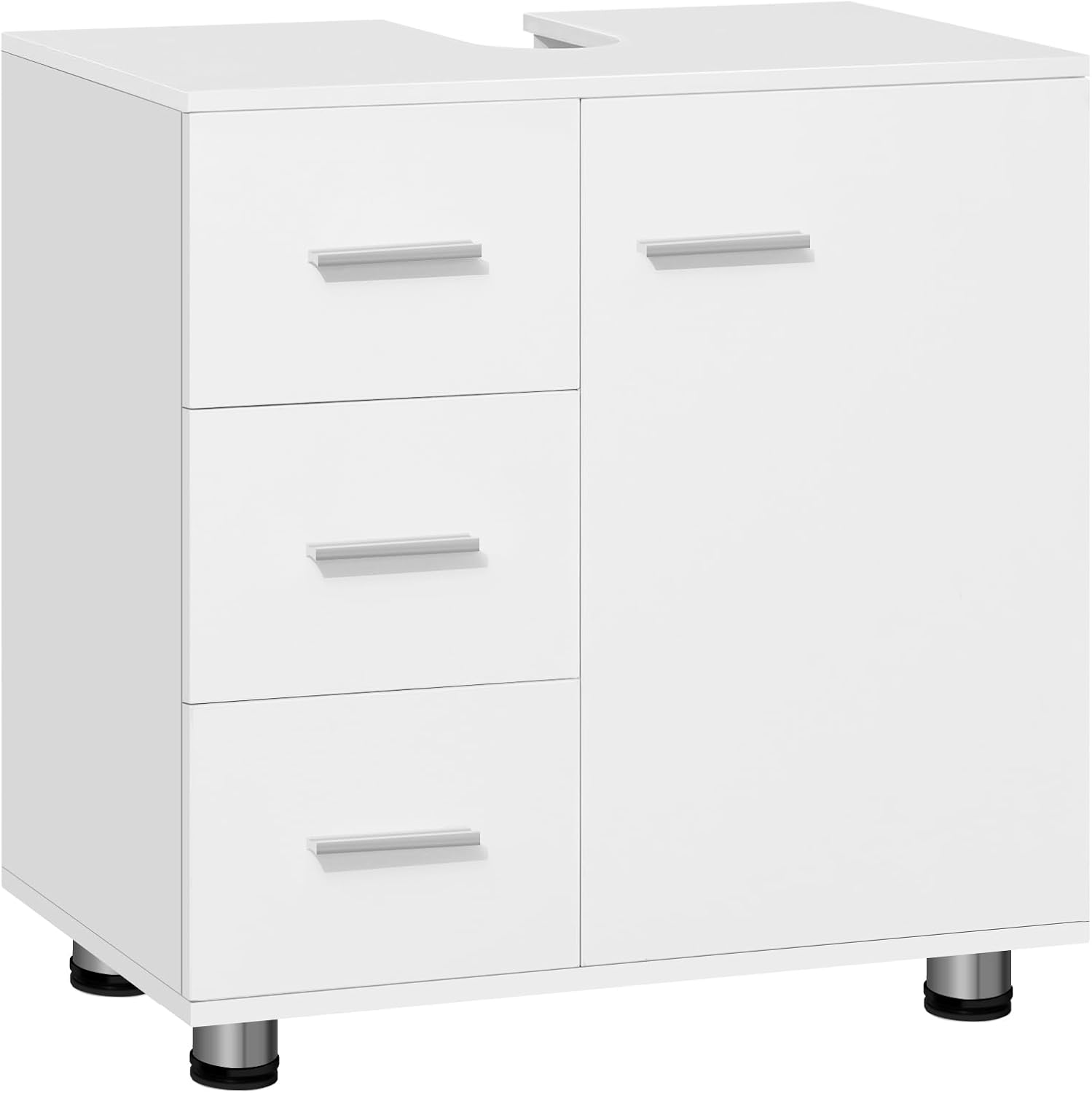 Meuble sous Lavabo, Meuble de Salle de Bains sous Évier, avec 3 Tiroirs et 1 Placard à 2 Niveaux, en Bois d'Ingénierie, avec Découpe pour Siphon de 17,5x10cm, Blanc