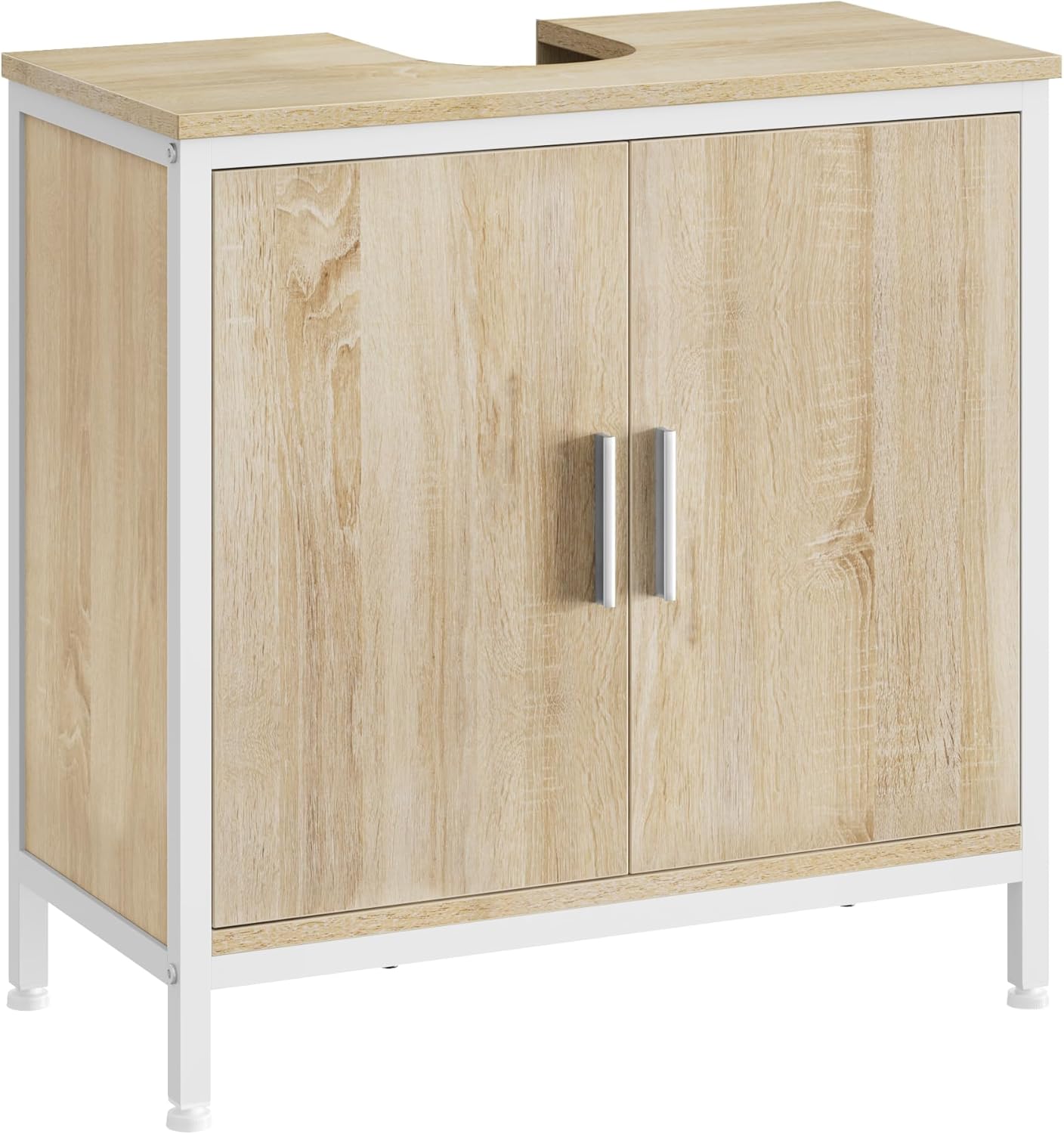 Meuble sous Lavabo, Armoire sous Évier pour Salle de Bain, avec 2 Portes et Étagère Réglable en Hauteur en Panneaux Aggloméré, Pieds et Cadre en Métal, Blanc + Chêne Clair, 60x30x60cm