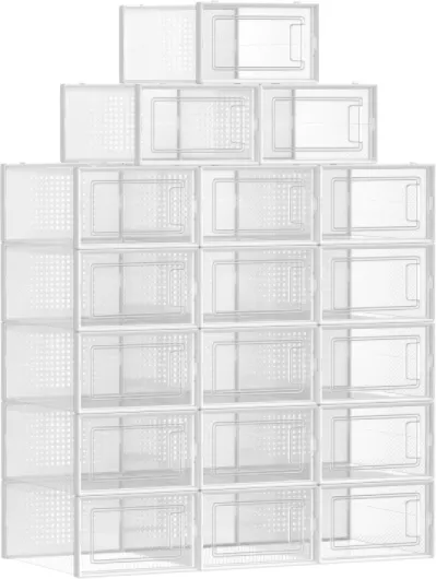 Boîtes à Chaussures, Lot de 18, Rangement Chaussures, Pliable, pour Pointure Jusqu’à 44, Transparent et Blanc LSP18SWT Transparent + Blanc Lot de 18, pour pointure jusqu'à 44