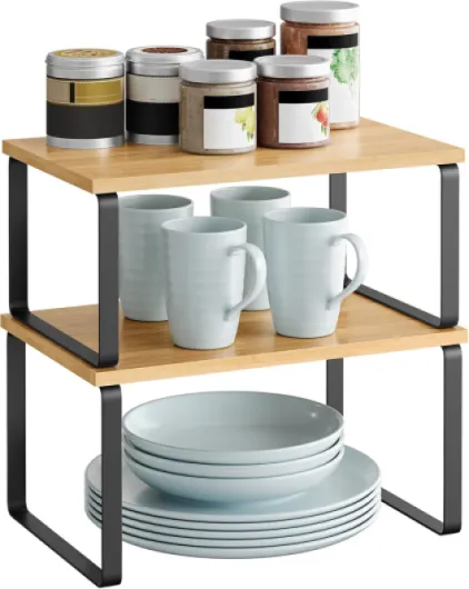 Étagère à Épices, Lot de 2, Organisateur de Placard, Étagère de Rangement de Cuisine Extensible, Porte-épices Empilable, Métal, Bois d’Ingénierie, Noir d'encre et Beige Naturel KCS02NB 29,7L cm Noir D'encre + Beige Naturel
