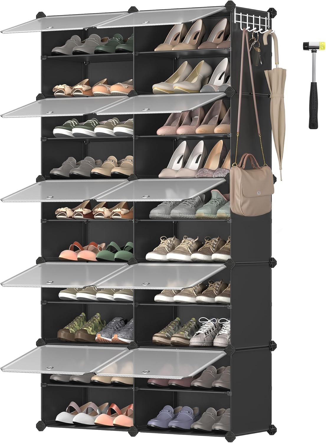 Étagère à Chaussures 10 Compartiments, Étagère de Rangement Modulable, Compartiment de 30 x 40 x 30 cm, Porte, Cadre en Acier, Plastique, pour Couloir, Chambre, Entrée, Noir LPC035B01 10 Compartiments Noir