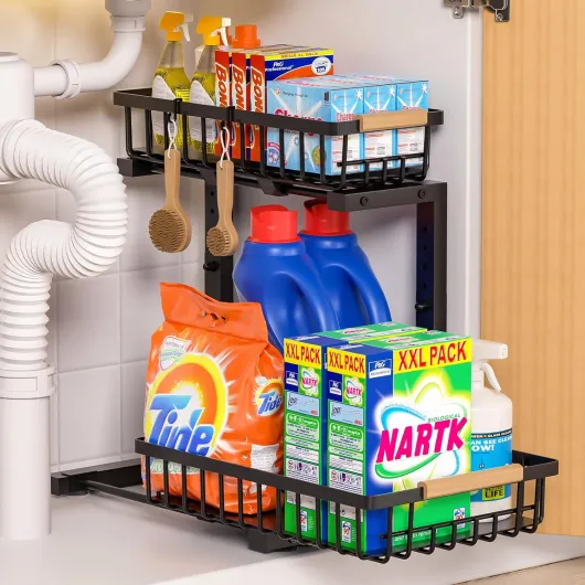 Lot de 1 Organisateurs sous Évier à Double Niveau, Design En L, Hauteur Ajustable 35,5-43,5 cm, Structure en Acier au Carbone Renforcé, Rangement et Organisation pour Cuisine, Salle de Bain, Buanderie Noir 1 Pièce