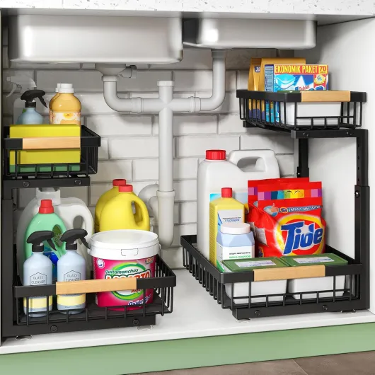 Kitstorack Métal Lot de 2 Rangement sous evier, 2 Niveaux tiroir Coulissant Cuisine,Rangement et Organisation de Cuisine,Rangement sous evier Cuisine, Noir Noir 2 Paquets