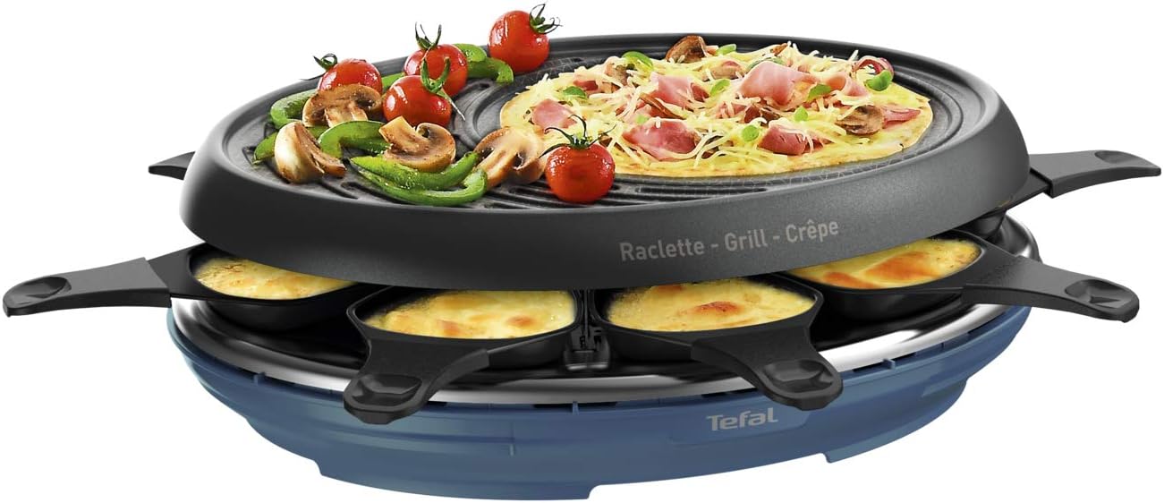 Raclette Colormania 3 en 1 Appareil à Raclette Grill et Crêpe, Revêtement Antiadhésif Easy Plus, 8 Coupelles, Compatible Lave-Vaisselle, 1050 W, Bleu Acier RE310401