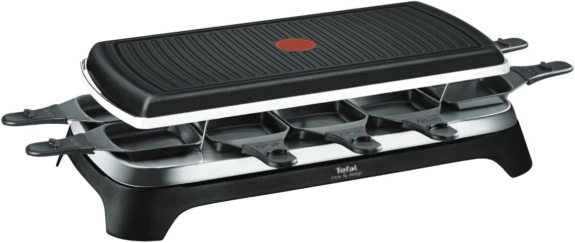 Appareil à raclette et grill, Revêtement antiadhésif, Fonction Thermo-Spot, 10 coupelles, Gourmet 10 Inox&Design RE458812, Noir
