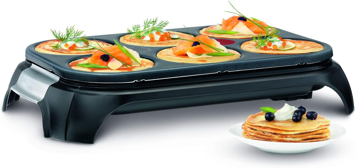 Crêpière électrique, 6 empreintes, Revêtement antiadhésif, Fonction Thermospot, Rangement des accessoires sous l’appareil, Crêpes, Pancakes, Fabriqué en France, Crep Party PY558813, Noir/Inox