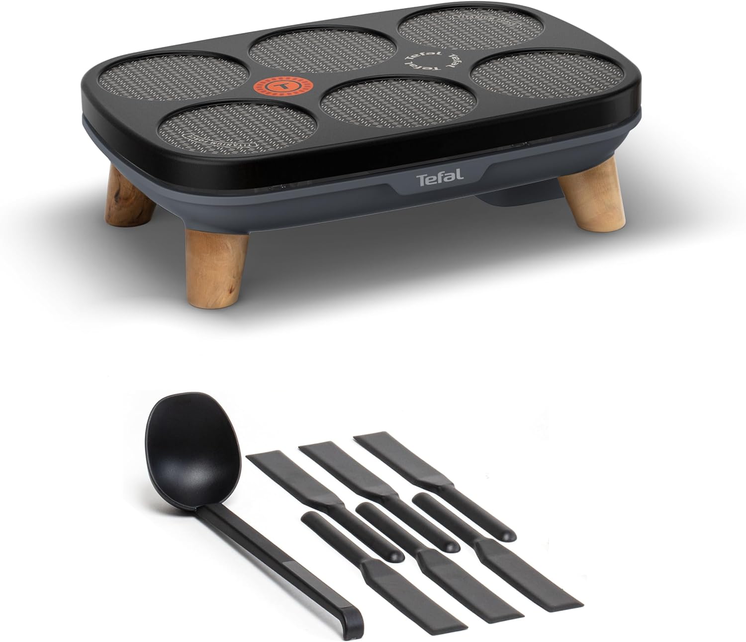 Crêpier Gourmet, Crêpier électrique, 6 empruntes, Revêtement antiadhésif, Rangement facile, Thermo-Spot, PY901BF1 avec spatule et louche