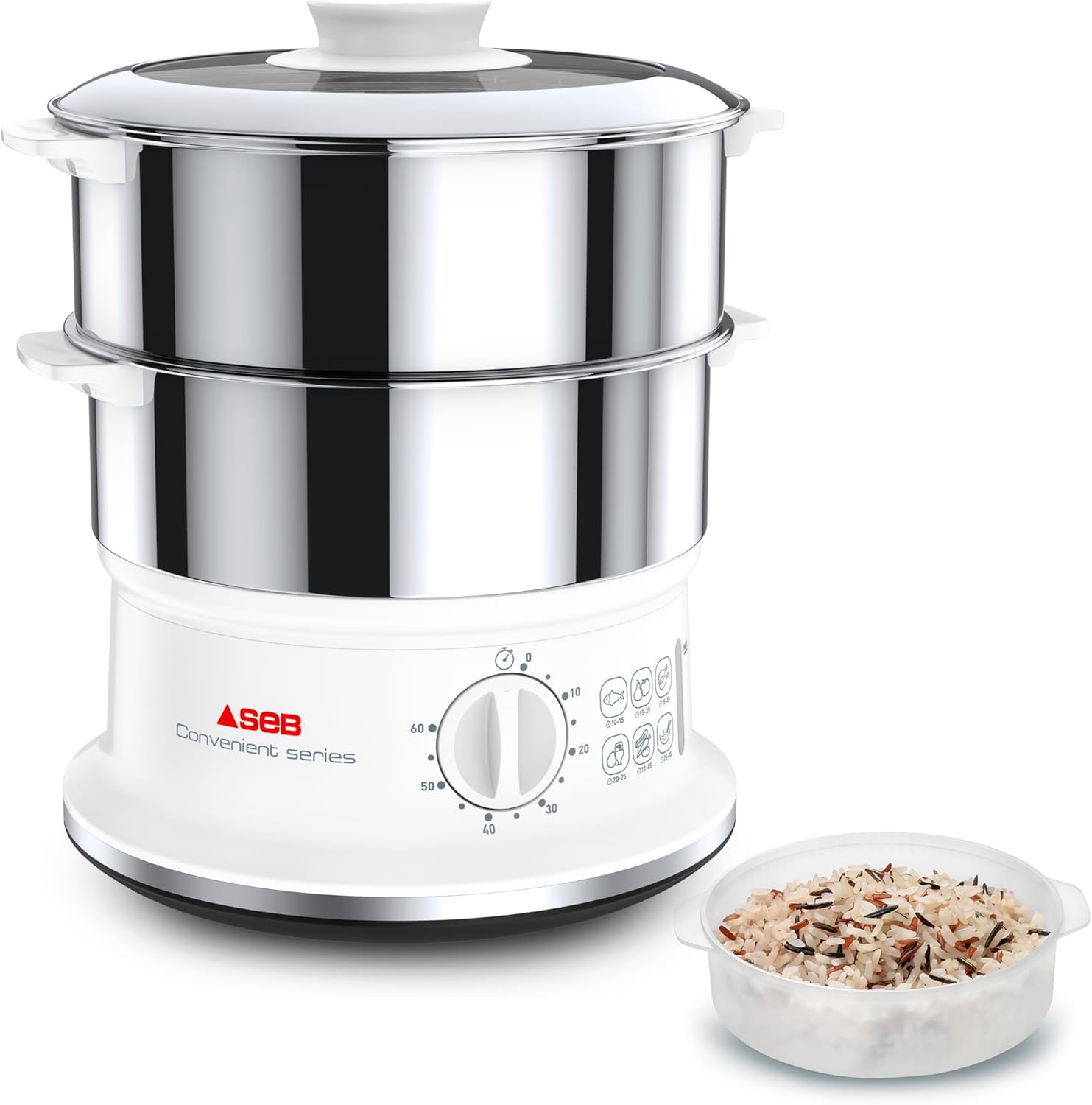 Cuiseur Vapeur série Convenient 2 bols inox, Capacité bol 6 L, Cuisson vapeur, Cuit vapeur compact, Minuteur, Arrêt automatique VC145100, 2 Paniers