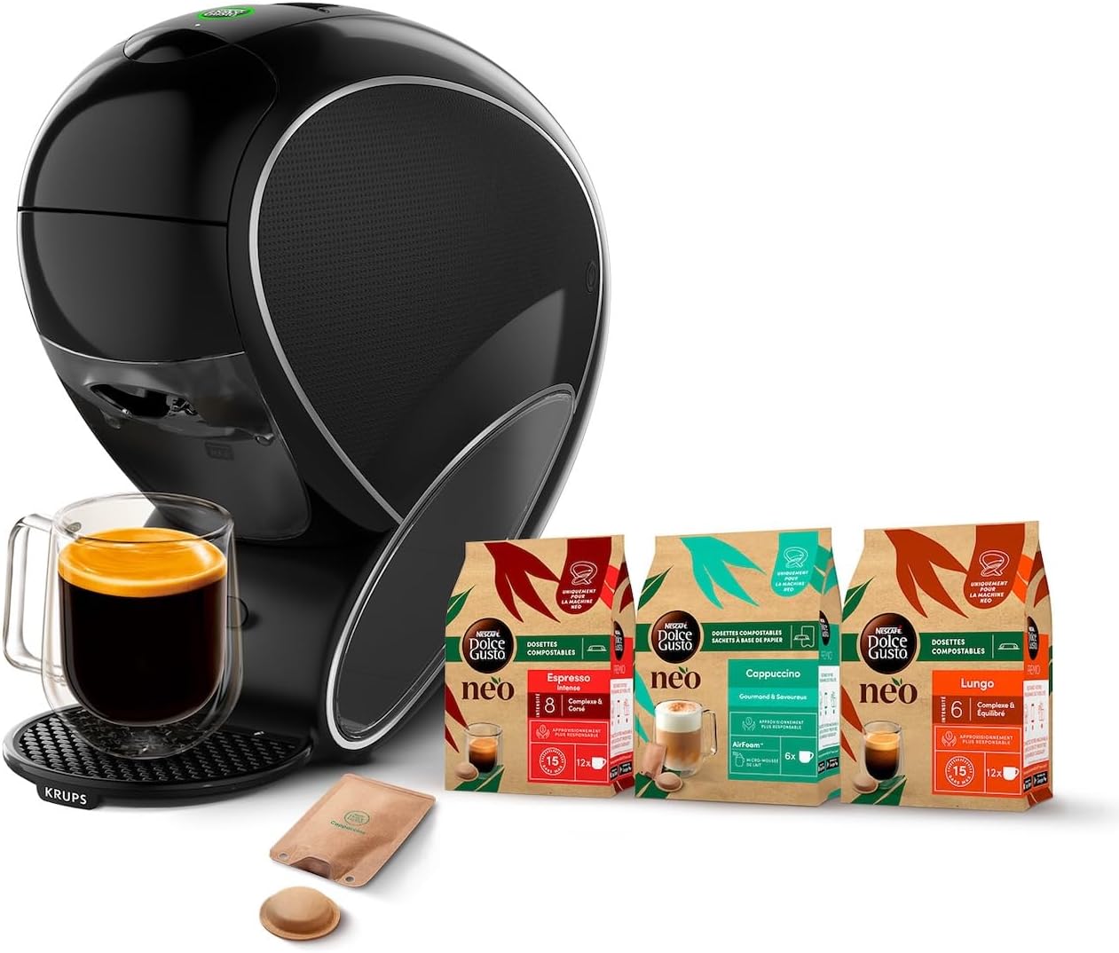 Coffee Machine by Krups, Machine à café + 3 boites de dosettes compostables (Espresso, Lungo, Cappuccino), Cafetière multi-boissons connectée YY5242FD