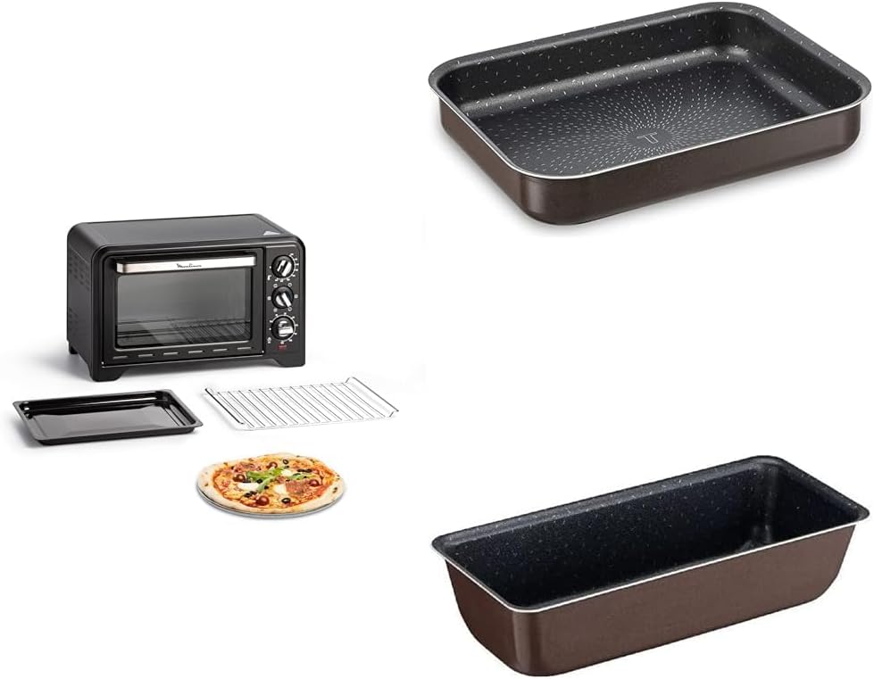 LOT Moulinex Four électrique posable 19 L, chaleur tournante, 6 modes de cuisson, Thermostat réglable jusqu’à 240°C, Optimo noir OX444810 + Tefal Plat Aluminium 20x26 cm + Tefal Moule à cake 28 cm 19L + 2 moules Tefal Noir