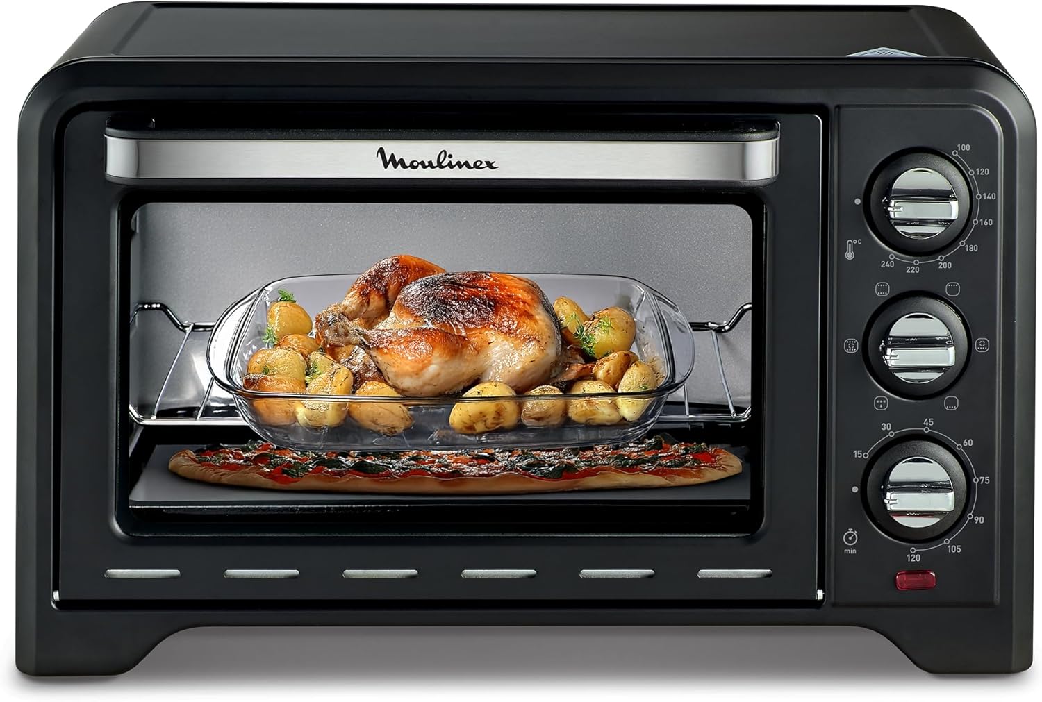 Four posable 33 L, Chaleur tournante, Convection de pointe, 6 modes de cuisson, Thermostat réglable jusqu’à 240 °C, Timer 120 min, Grille réversible, Maniques silicone, Optimo Noir OX464811 33L Noir