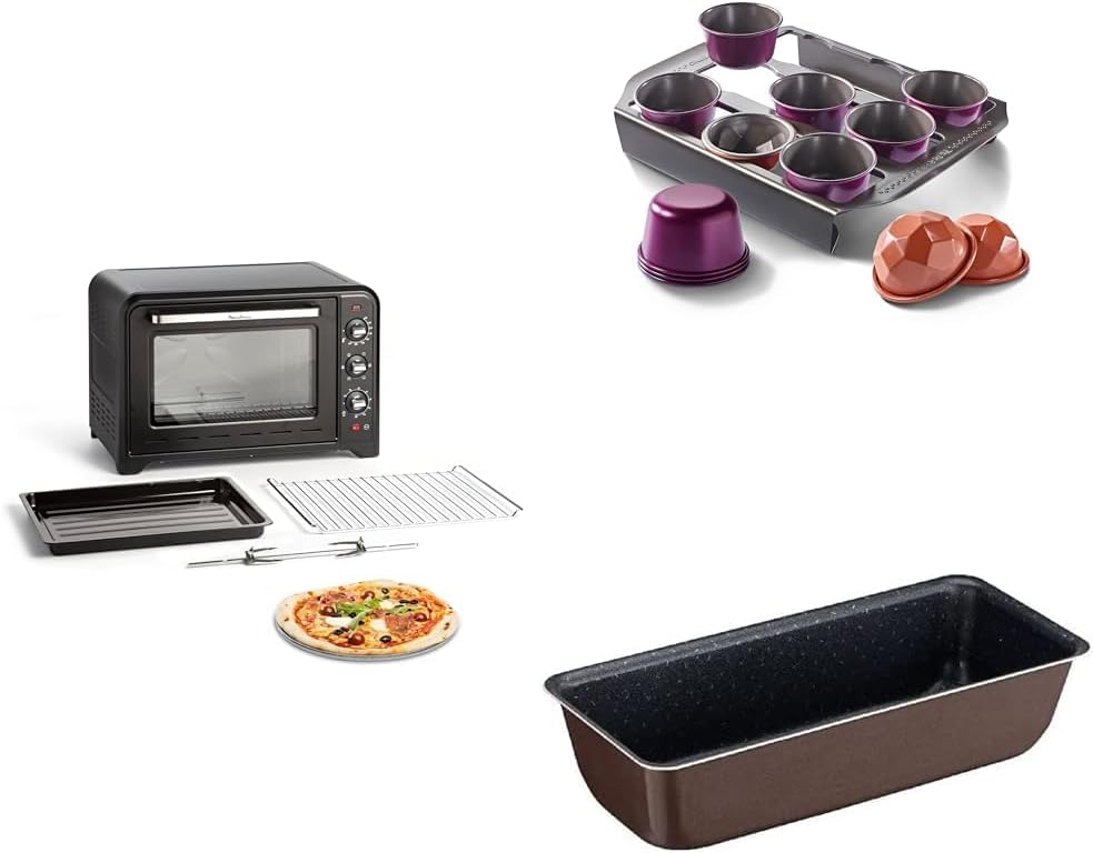 LOT Moulinex Four électrique posable 60 L, chaleur tournante, 7 modes de cuisson, Thermostat réglable jusqu’à 240°C, Optimo noir OX495810 + Tefal Creabake Kit 12 moules muffins + moule à cake 28 cm 60L + moule à cake + moules à muffins Tefal Noir